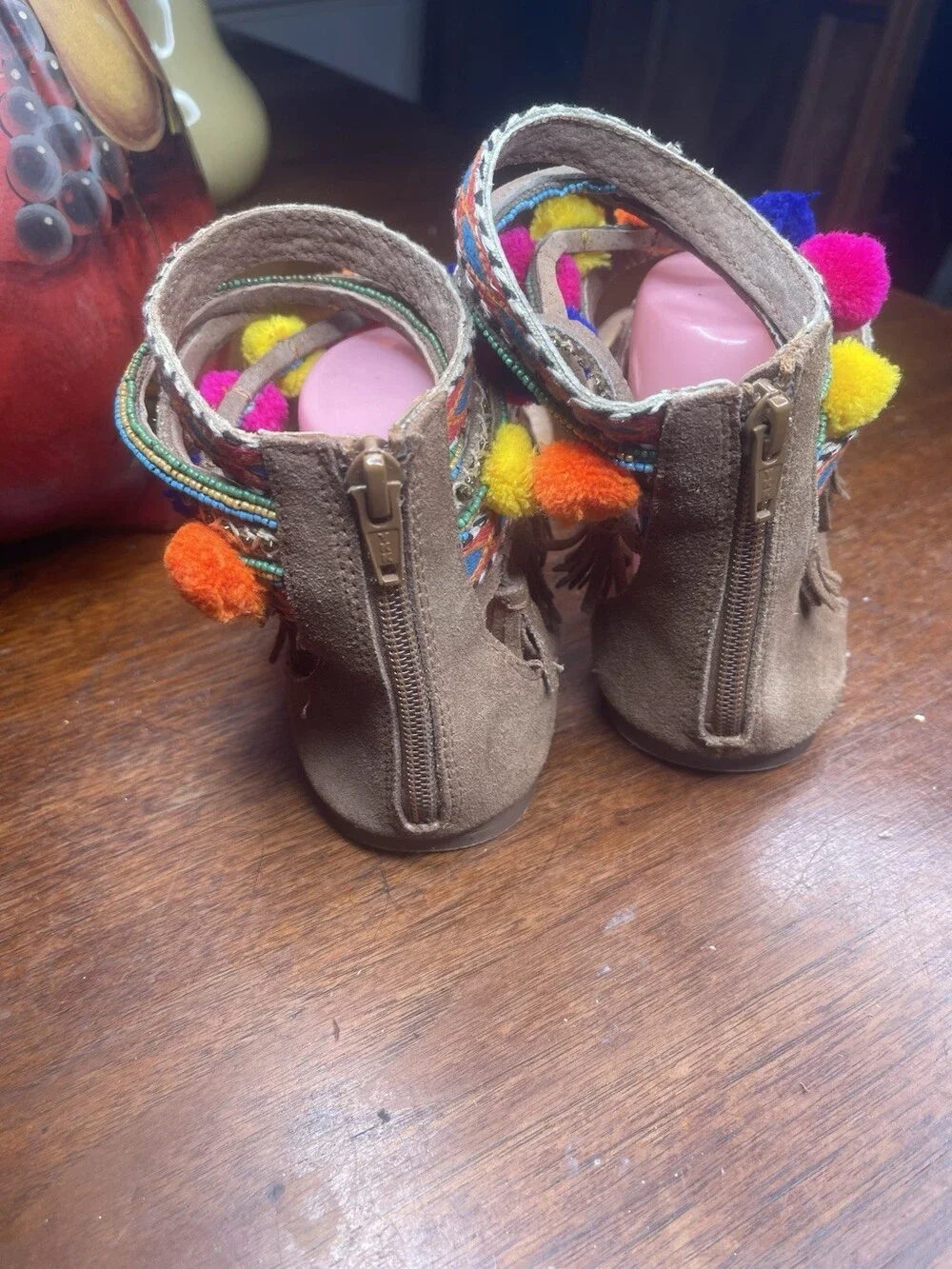 Naughty Monkey Seed Beaded Brown Suede T-Strap Gladiator Sandals Tribal Size 9M